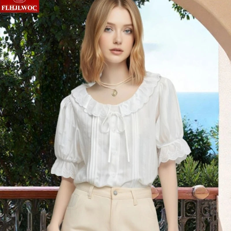 Cute Cotton Blends Tops Short New Design 2025 Woman Summer Short Sleeve Ruffles Casual Hollow Out White Lace Shirts
