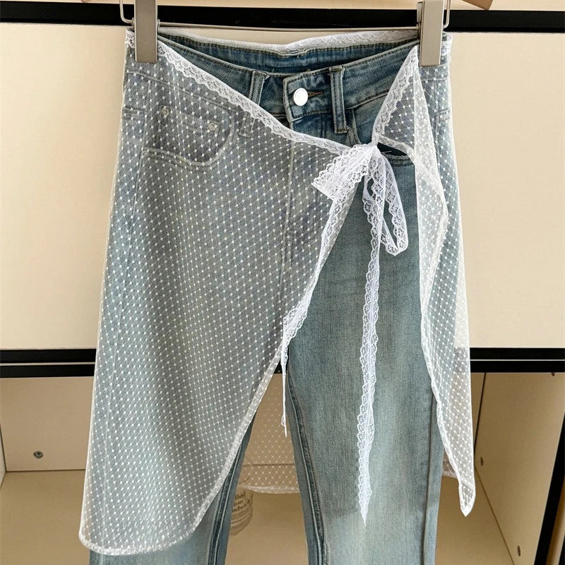 Spring Summer Lace-up Lace Side Half-body Skirt Short Fart Curtain Apron Girls Sweet Jeans Casual Pants Accessories Skirt