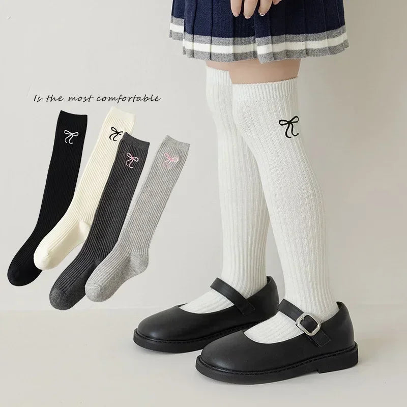 Baby Children Korean Knee High Long Socks for Girls Sweet White Bow Jacauard Cotton Legging Stocking School Sock for Kids Tights