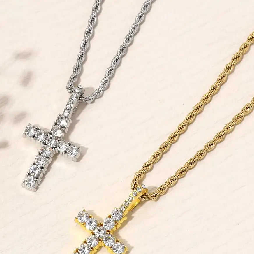 Cross Necklace for Men Gold Necklace for Women Cross Jewelry Silver Plated Solid Iced Cubic Zirconia Stainless Steel Pendant