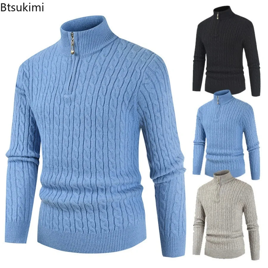 New Men's Warm Knitted Sweaters Standing Neck Zipper Autumn Winter Warm Tops Solid Color Jacquard Long Sleeve Pullovers for Men