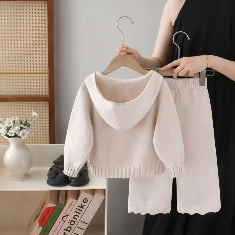 Girls Knitted Sweater Set Spring Fall 2026 New Kids Hooded Pullover Pants 2 Piece Set Little Girls Casual Warm Outfit