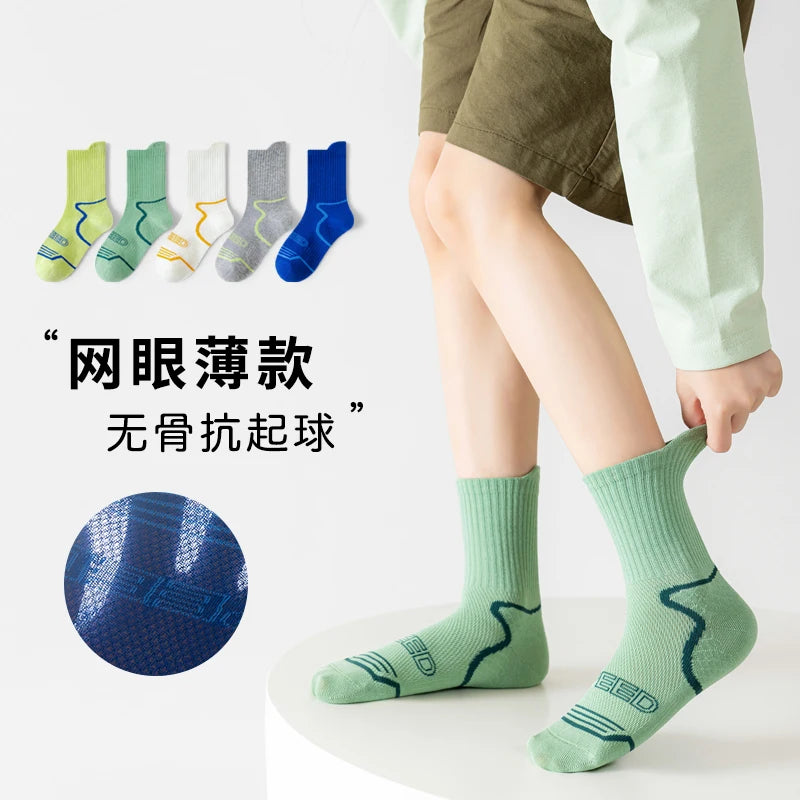 5 Pairs Kids Sports Socks Summer Thin Mesh Breathable Seamless Anti-Pilling Cotton Crew Socks for Boys Casual Running Socks 1-12