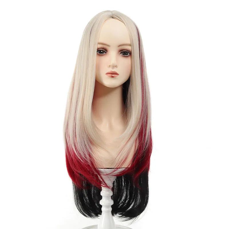 The Woman with a Wig Has a One-Cut Gradient Rainbow-Colored Bob Hairstyle, a Full Head Cover, and Short Collarbone Hair