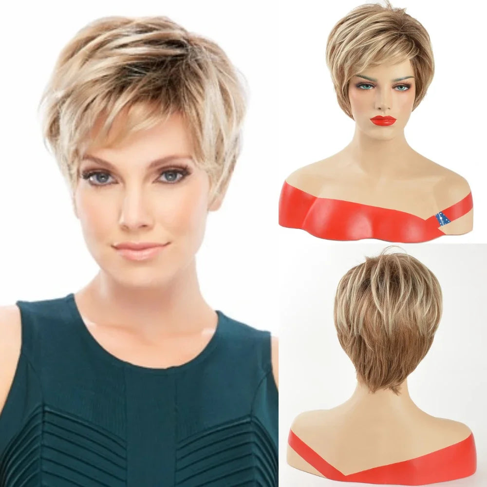 MSIWIGS Short Wavy Synthetic Cut Wigs For Women Daily Wear Africa American Brown Fake Hair