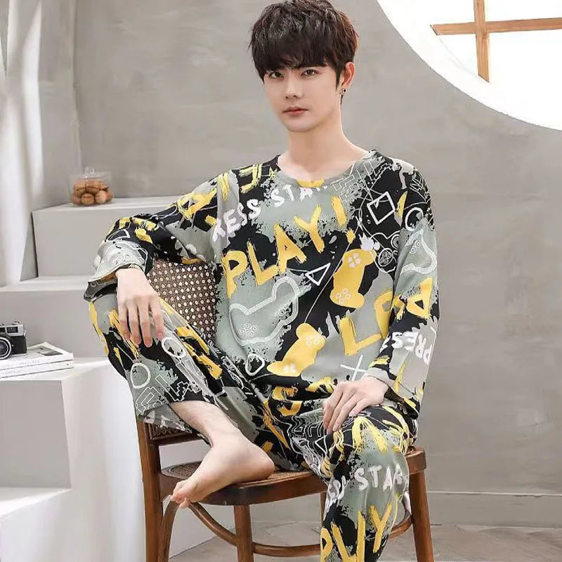 New Men's Spring And Autumn Striped Leisure Pajamas Sets Boys Long-Sleeved Home Wear Teenagers Outside The Home Wear Suit
