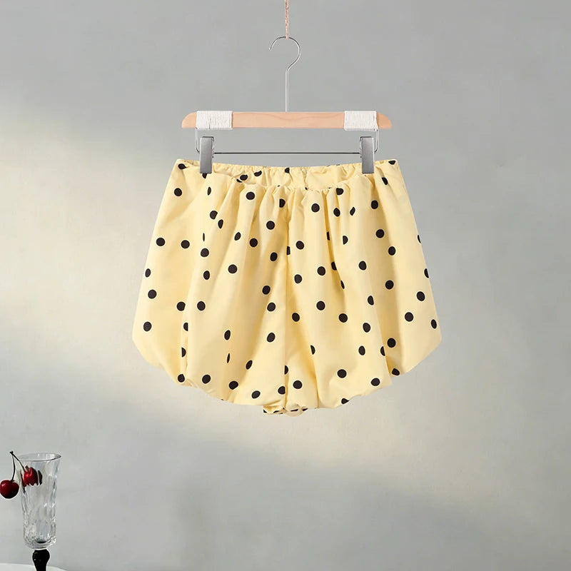 Polka Dot Pleated Coats Shorts 2 Pieces Set Women's Full Sleeves Draw-string Top Straight Short 2026 New Ladies Autumn Outwear