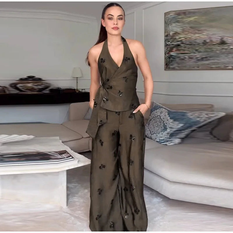 Sequin Knot Long Pants Set Halter V Neck Open Back Tie Waist Solid Top Wide Leg Bottoms 2026 Casual Elegant Fashion Chic Outfit