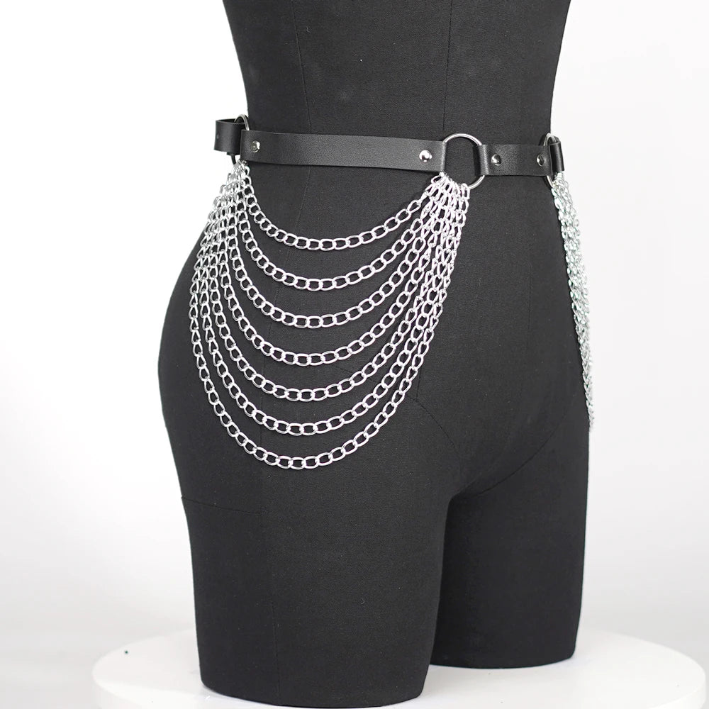 Women Sexy Body Chain Jewelry Pu Leather Waist Belt With Chains Festival Chain Belly Belt Jewelry for Women Gothic Accessories
