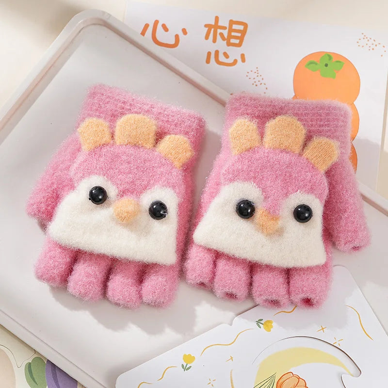 Children's Warm Gloves for Boys and Girls Cartoon Cute Half Finger Knitted Winter Flip Cover Baby Thick Cold Proof Five Fingers