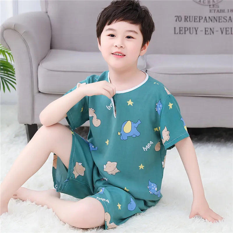Kids Boys Girls Pajamas New 2023 Summer Thin Cute Cartoon Short Sleeve O-Neck Casual Tops with Shorts Baby Sleeping Clothing Set