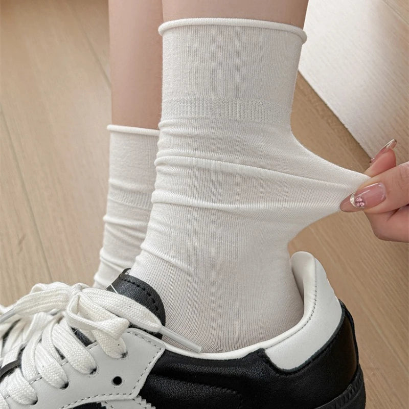 Women Socks Japanese Fashion Cotton Thin Breathable Long Socks Women Korean Style Casual Solid Color Black White Gray Socks Sox