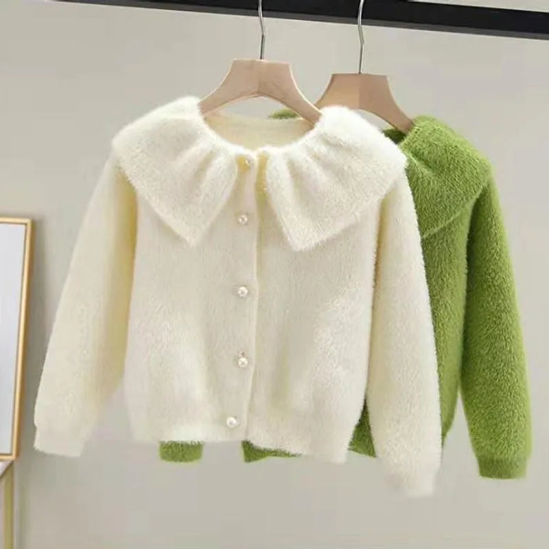 2025 New Spring/Fall Kids Korean Style Lightweight Mink Cashmere Sweater Cardigan for Girls - Stylish Thin Knit Jacket
