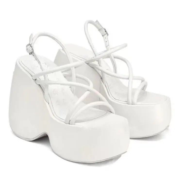 Women's Sandals Summer 2025 New Women Platform Sandals Punk Wedges High Heeled Sandals Sexy Black White Buckle Ankle Strap Shoes