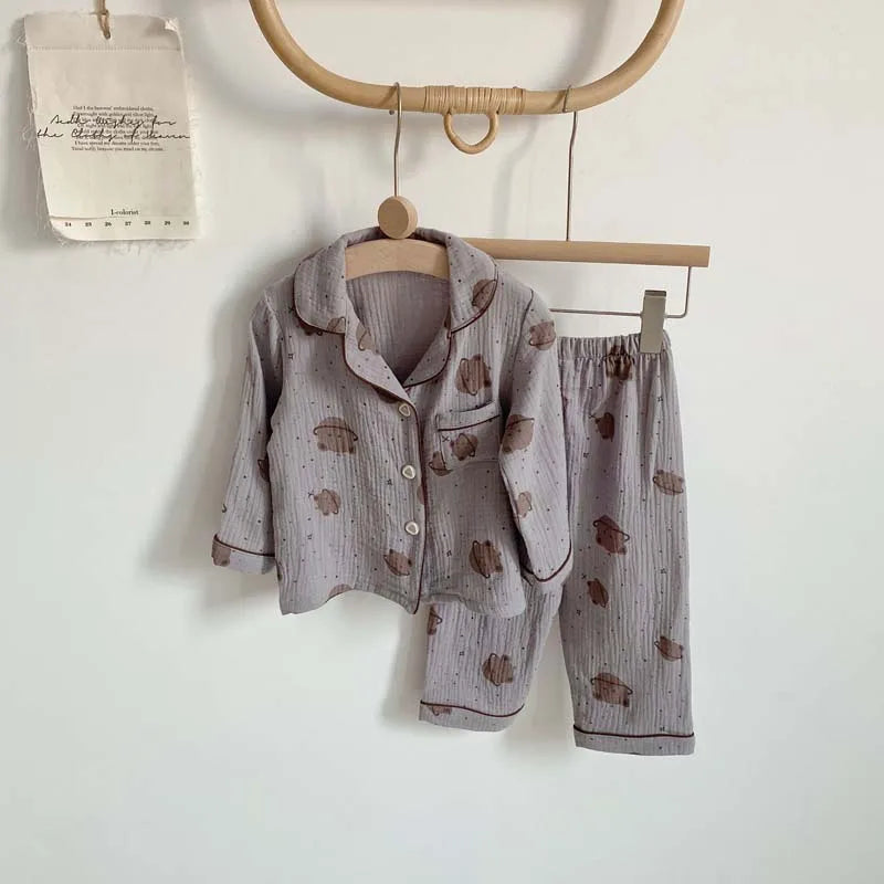 2Pcs Autumn New Kids Pajamas Korean Long Sleeve Print Bear Cardigan And Pants Cotton Musline Yarn Sleepwear