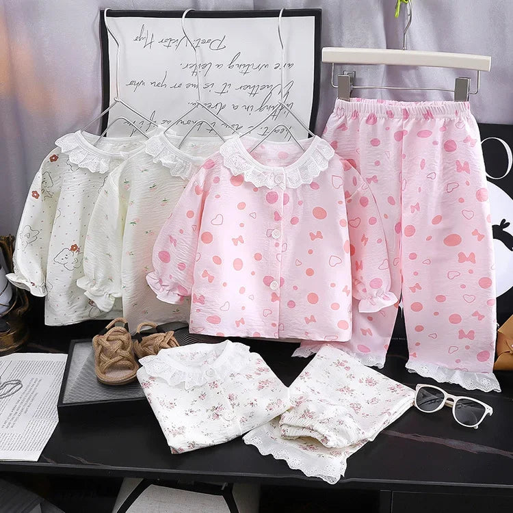 Girls Kids Home Clothes Set New Loose Thin Baby Pajamas Fashion Lace Floral Princess Children Air Conditioner Long Sleeve+Pants