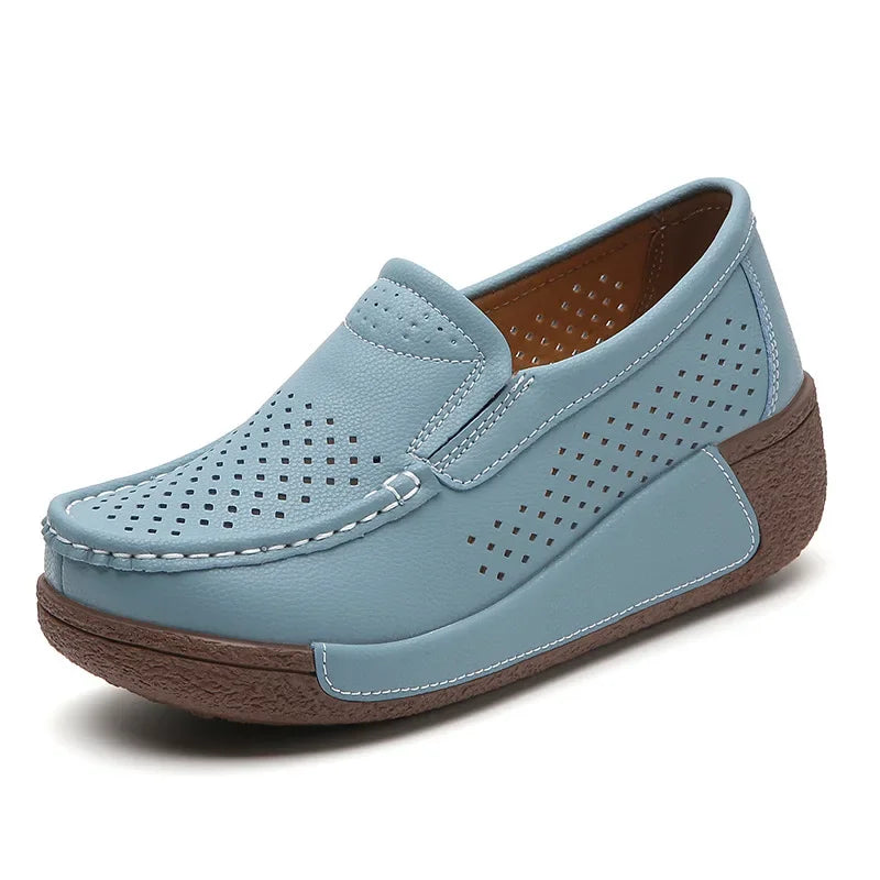 Spring and Summer Women Fashion Loafers Genuine Leather Moccasins Autumn Slip-on Casual Round Toe Wedge Platform Rocking Shoes