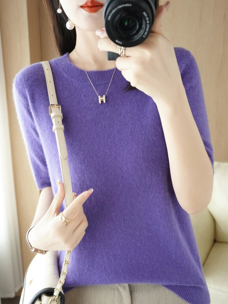 Short Sleeves Women's Sweater O-neck Bottoming Shirts Solid Spring Summer Korean Fashion Sweater Knit Top Casual Basic Pullovers