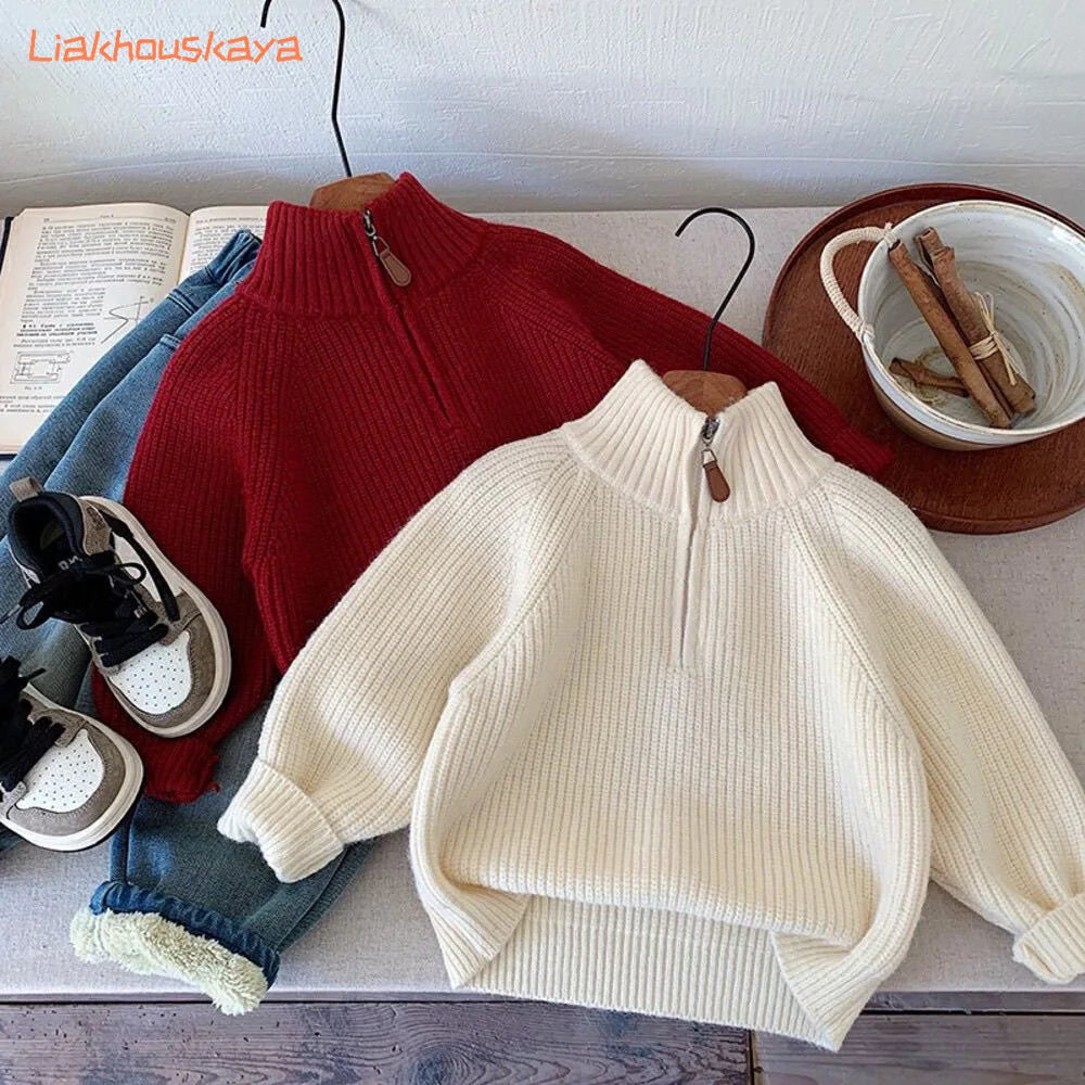 Korean Style Kids Sweater 2026 New Half Turtleneck Zipper Design Loose Knitwear For Boys Girls Autumn Winter Outerwear Warm