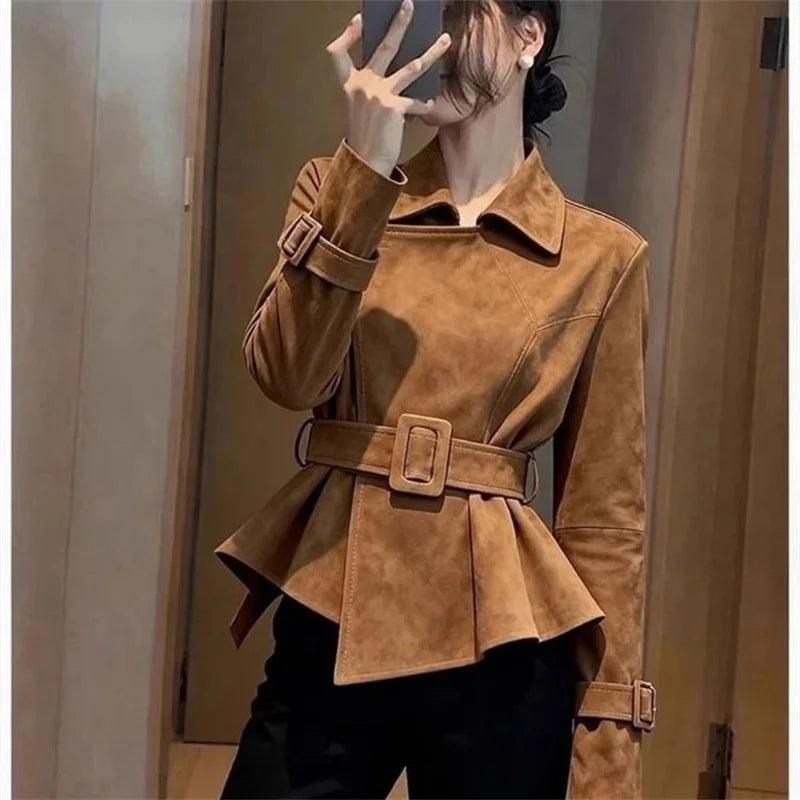 Women Leather Jacket 2026 Spring Short Unique Super Beautiful Retro High-End Feeling Brown Suede Coat Outerwear Match Belt