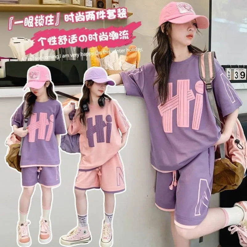 Girls T-Shirts Sets Clothes Kids Short Sleeve Tops+Shorts 2Pcs Children Clothes Suits Teen Loose Casual 2025 Outfits 5-14 Years