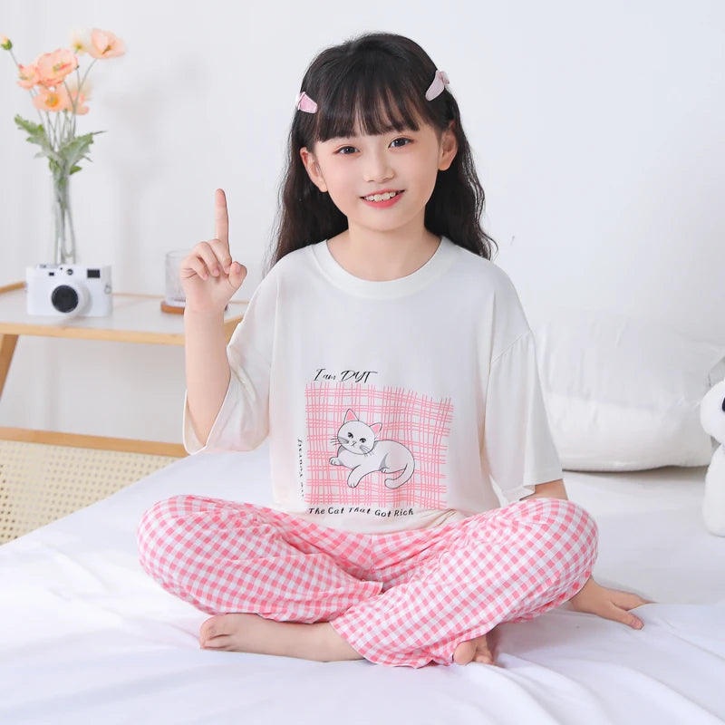 Kids Modal Pajamas Set, Short Sleeve Long Pants Cartoon Loungewear, Breathable Cool Soft Sleepwear For Boys Girls