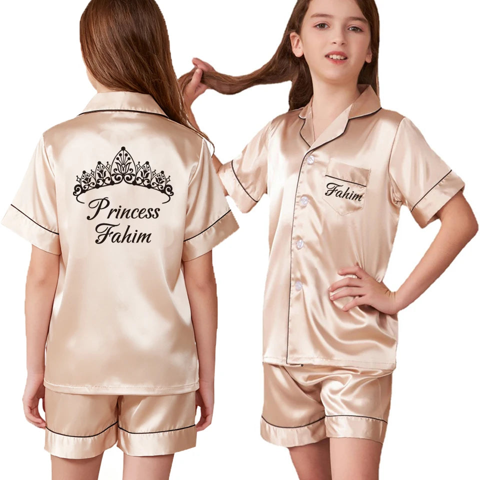 Custom Name and Date Children Pajama Silky Satin Pajamas Flower Girl Personalized Happy Birthday Pajamas Kids Princess Pajamas