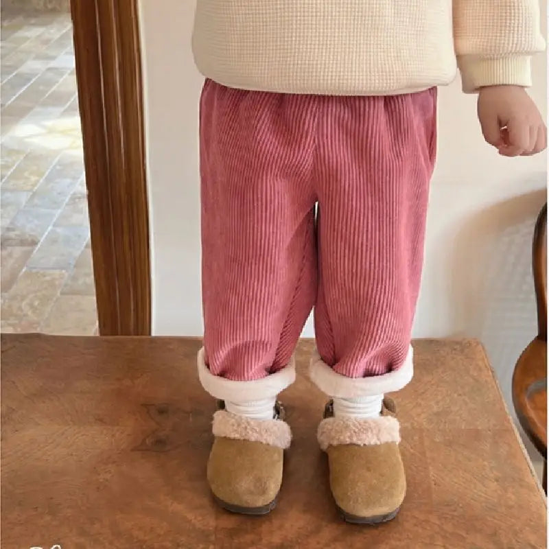 Kids Corduroy Pants Fleece Lined Wide Leg Trousers Autumn Winter Warm Elastic Waist Vintage Casual Pants for 1-6Y Girls