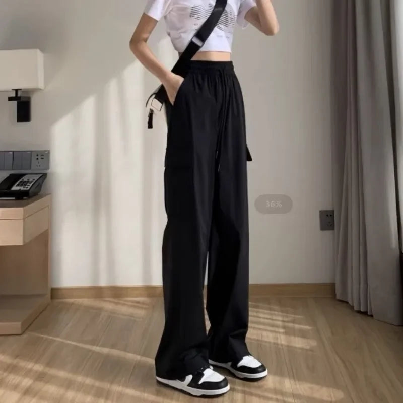 Summer Cargo Pants for Women Wide Leg High Waist Drawstring Woman Trousers Ice Silk Casual G Autumn Clothing Chic and Elegant