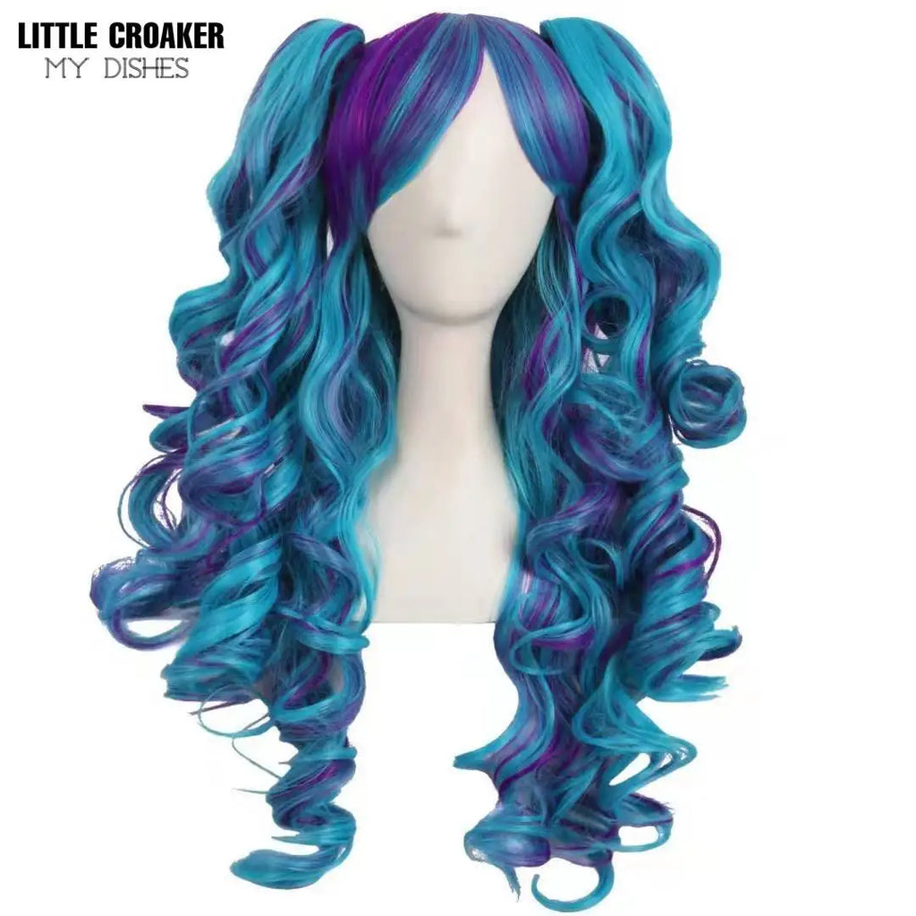 Long Wavy Anime Cosplay Lolita Wig Blue Blonde Pink Ombre Two Ponytails Girls Kawaii Anime Accessories Wigs for Women