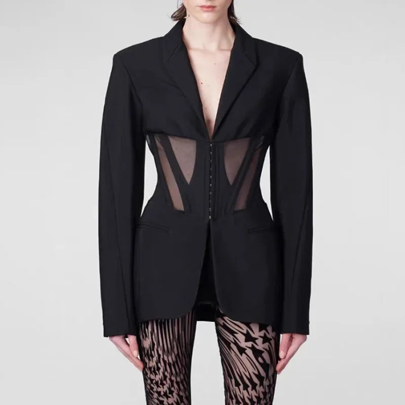 Women's Casual Fishbone Blazers, Long Sleeve, Loose Coats, Autumn Slim-Fit, See-through Outerwear, Korean Style