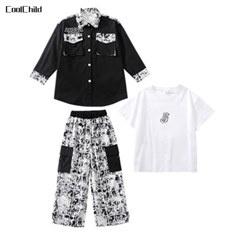 Hip Hop Girls Street Dance Jacket Contrast Cargo Pants Boys Shirt Joggers Clothes Set Kids Streetwear Child Jazz Costumes Outfit