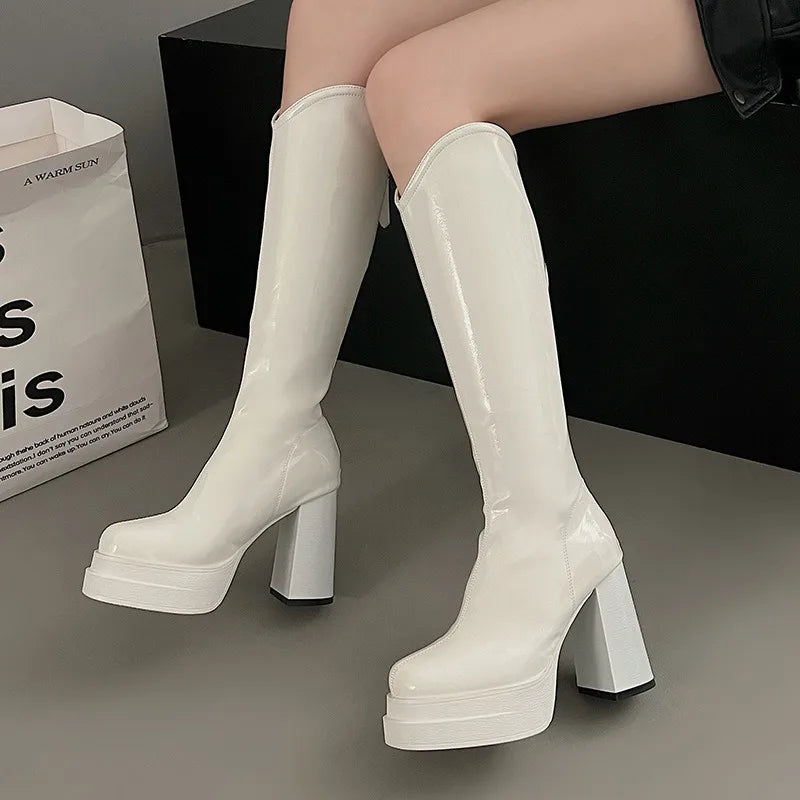 Women's Boots Fashion Comfy Black White Knee-High Boot Soft Leather Chunky Heel Long Boots Elegant Women Retro Boots Botas Mujer