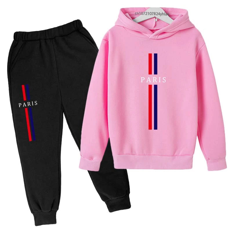 Kids Autumn Spring Casual Paris Print 2pcs Hoodie+Pants Tracksuits 2-13Years Boys Girls Fashion Streetwear Children Clothes Sets
