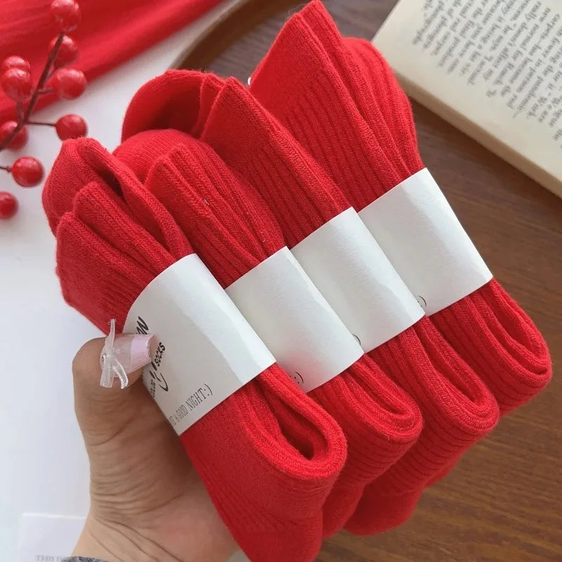 Men Women Red New Year Cotton Socks Breathable Sports Comfortable Festival Zodiac Casual Lucky Red Floor Strip Mid-calf Socks