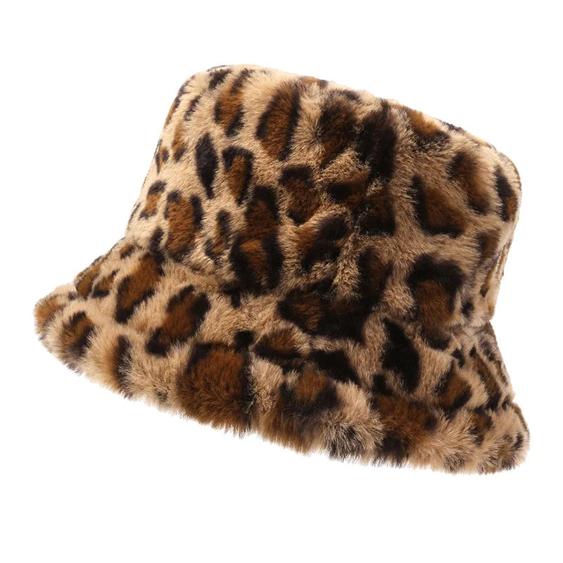 Female Vintage Faux Fur Fisherman Cap Hats For Women Dropshipping Winter Bucket Hat Women's Fashion Leopard Panama Warm Hats