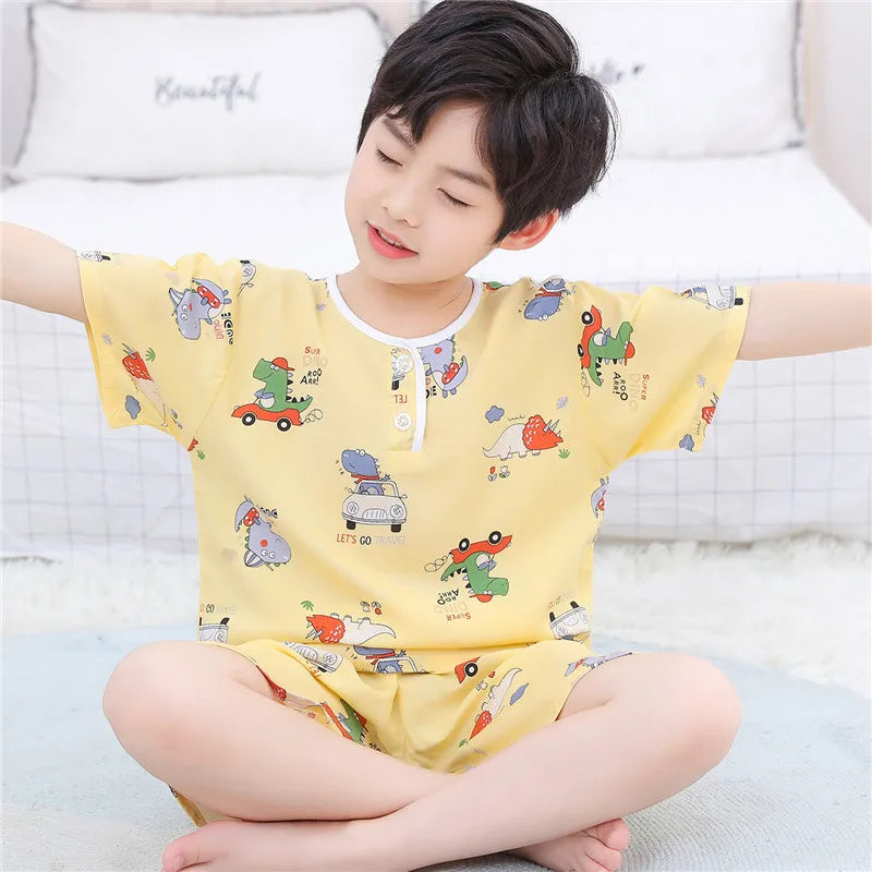 Kids Boys Girls Pajamas New 2023 Summer Thin Cute Cartoon Short Sleeve O-Neck Casual Tops with Shorts Baby Sleeping Clothing Set