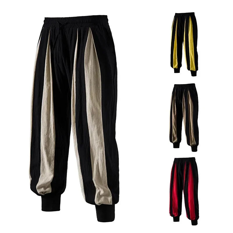 2024 Retro Casual Bloomers Mens Trousers Cotton and Linen Color Matching Breathable Casual Pants for Men