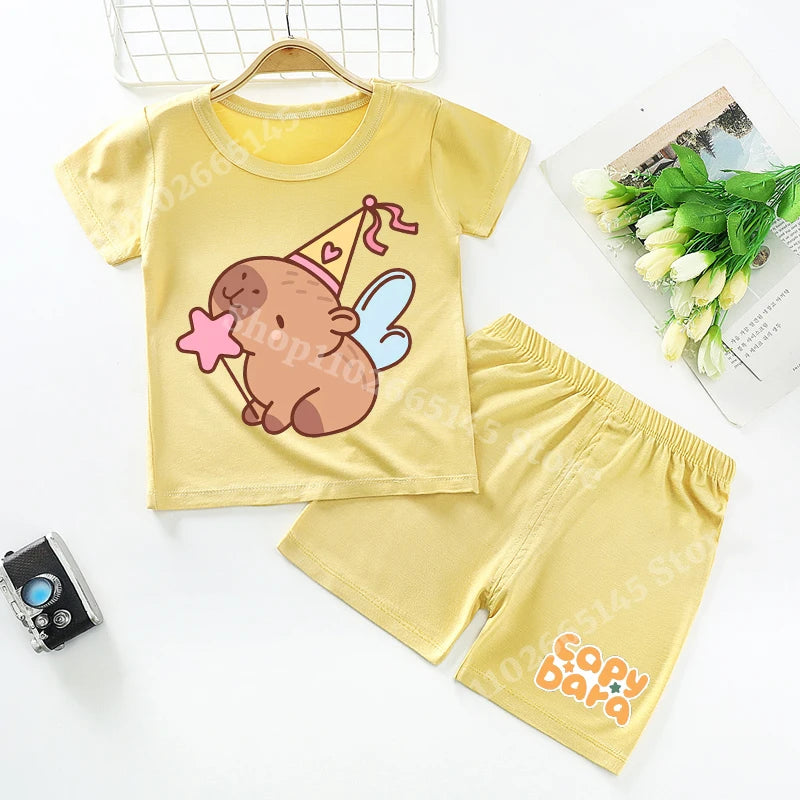 Capybara Kids Pajamas Shorts Set Summer New Capibara Home Clothes Boys Girls Anime Nightwear Pants Children Short Sleeve Gift