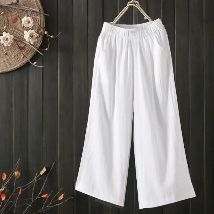 Pure Cotton Wide Leg Pants Women's Summer Loose Mom Large Size Cotton Nine Points Casual Pants High Waist Straight Cut Trousers