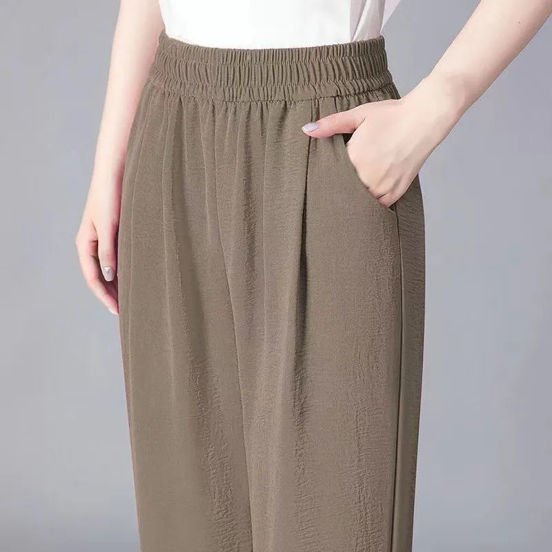 Ladies High Waist Ice Silk Hemp Thin Straight Leg Casual Pants Harlan Sle Nine Point Summer Trousers Pure Color Casual Wear