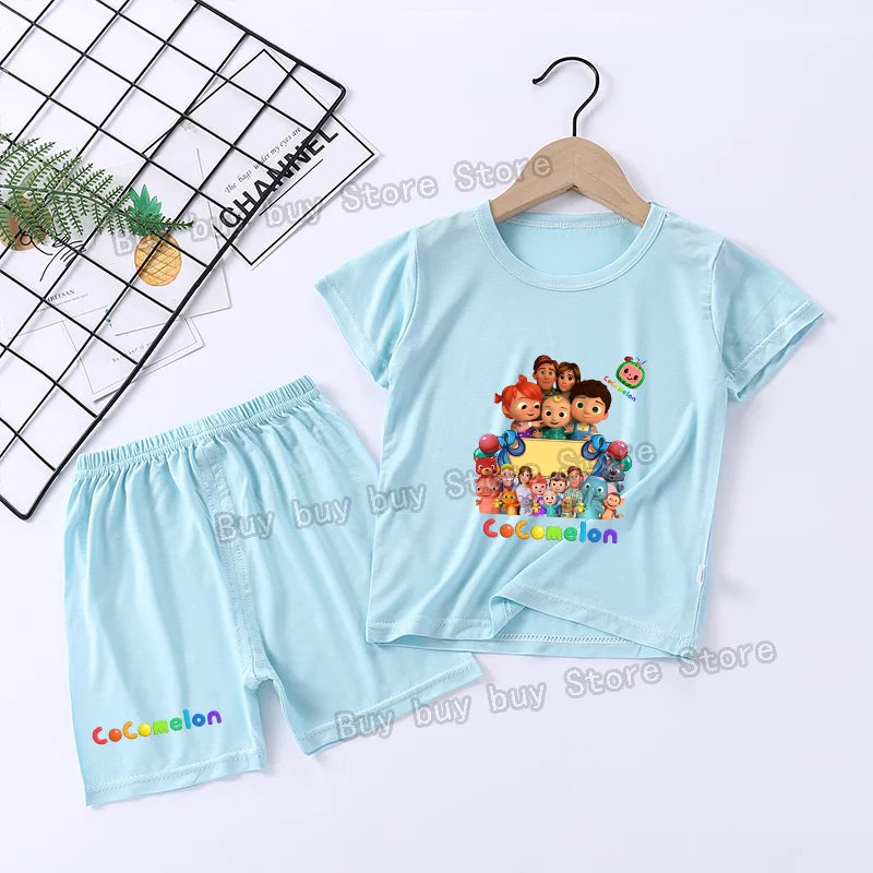 Cocomelons Pajamas Suit Kids Boys Girls Nighty Wears Cool Summer Loungewear Short Sleeve T-shirt Shorts 2pcs Soft Birthday Gift