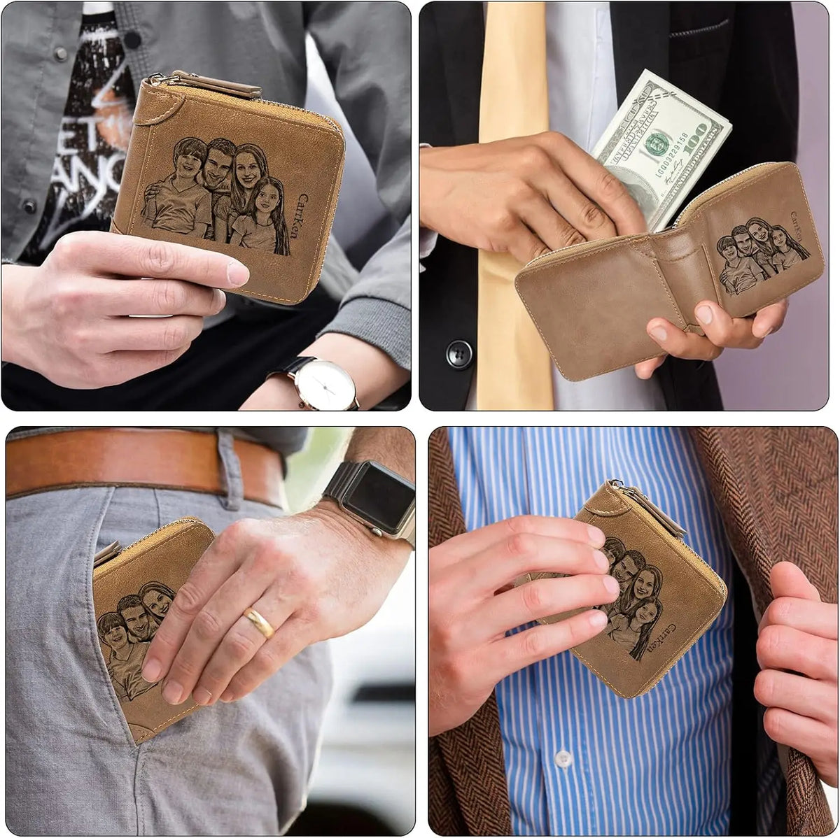 Personalized Custom Photo Wallets for Men, Engraved Customized Zipper Bifold Picture Wallet Fathers Day Birthday