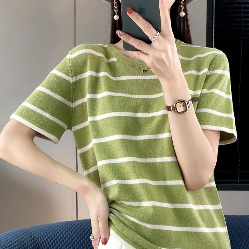 WinvyNee Summer Women 100% Cotton Striped T Shirt Women Clother Tops Short Sleeve O neck Sweater Casual Basic Pullover A1092006