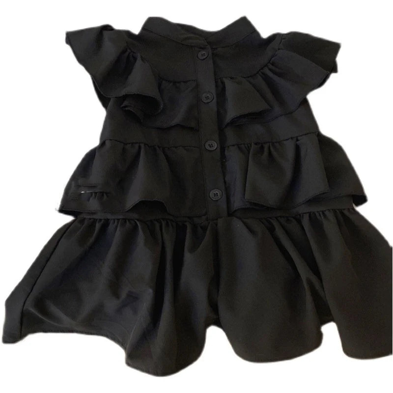 Korean Children's Clothing Girls' Summer Dress Kids Black Fly Sleeved Dress Girls Fashion Kids Outfit Layered Dresses For Girls