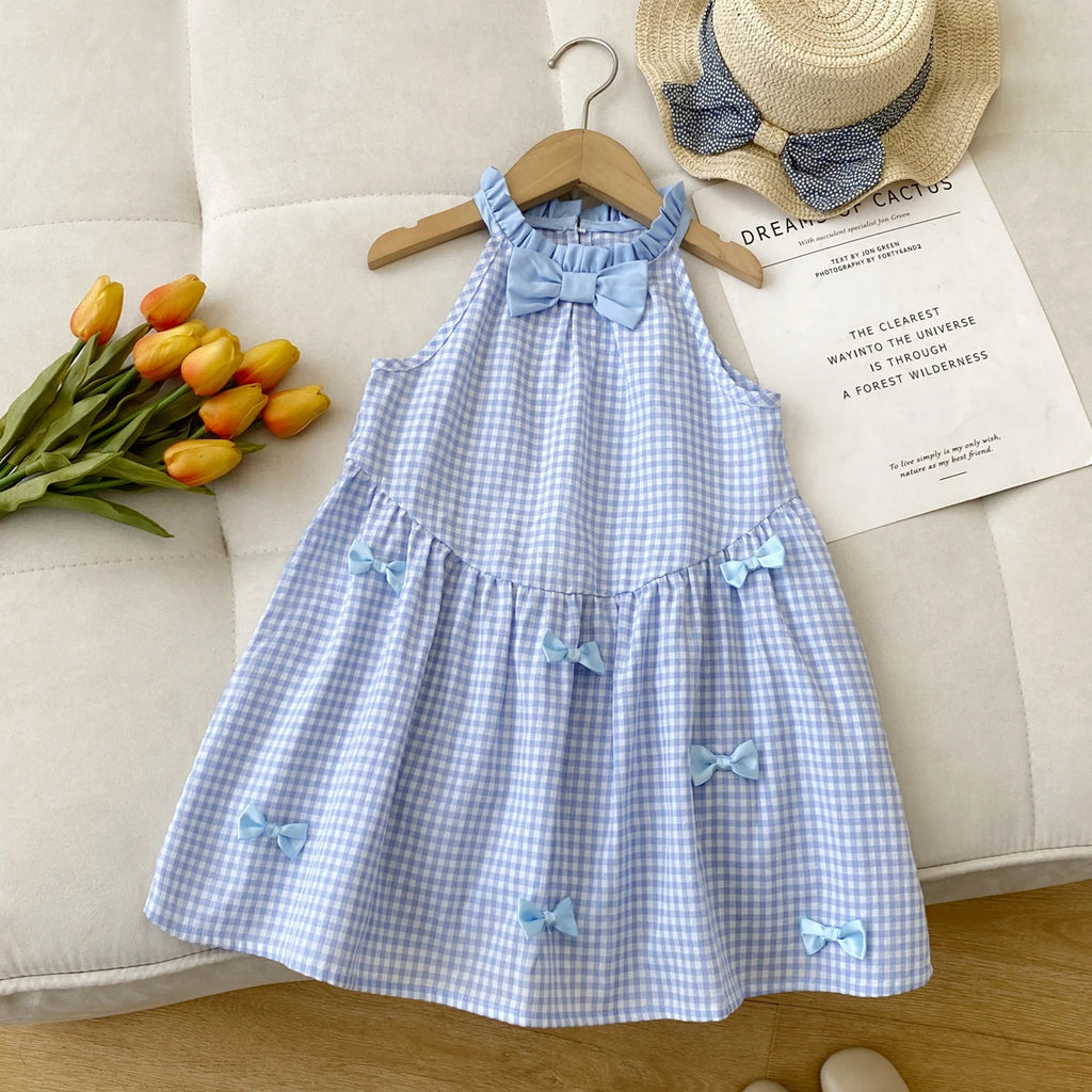 Kids Dresses for Girls Summer Casual Checkered Bow Halter Neck Dress Children's Clothes Girl Clothes
