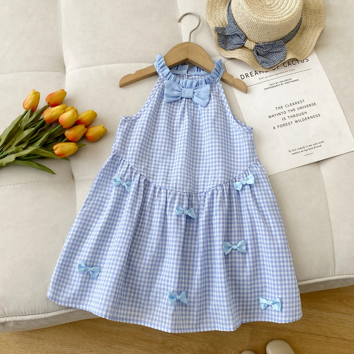 Kids Dresses for Girls Summer Casual Checkered Bow Halter Neck Dress Children's Clothes Girl Clothes