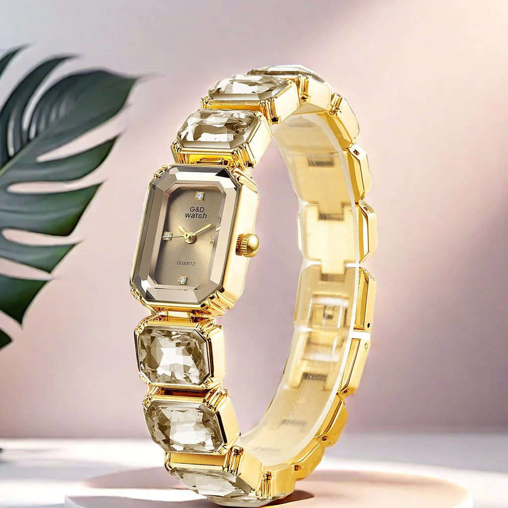 Small Golden Square Dial Quartz Watch for Women Bracelet Watch Luxury Diamond Fashion Women's Watch Relojes Para Damas