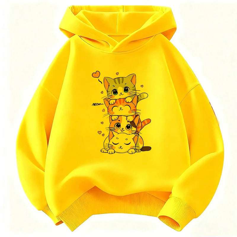 Cute Cat Graphic Kids Hoodie Long Sleeve Sweatshirt Cartoon Animal Boys Girls Clothes Kawaii Kitten Tops Y2K Children Hoody