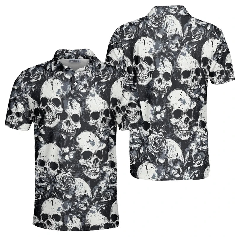 3D Print Skull Fashion Men's Polo Shirt Fashion Trendy Skull Flower Streetwear Unisex Short Sleeve Golf Sport Shirt Button Tops
